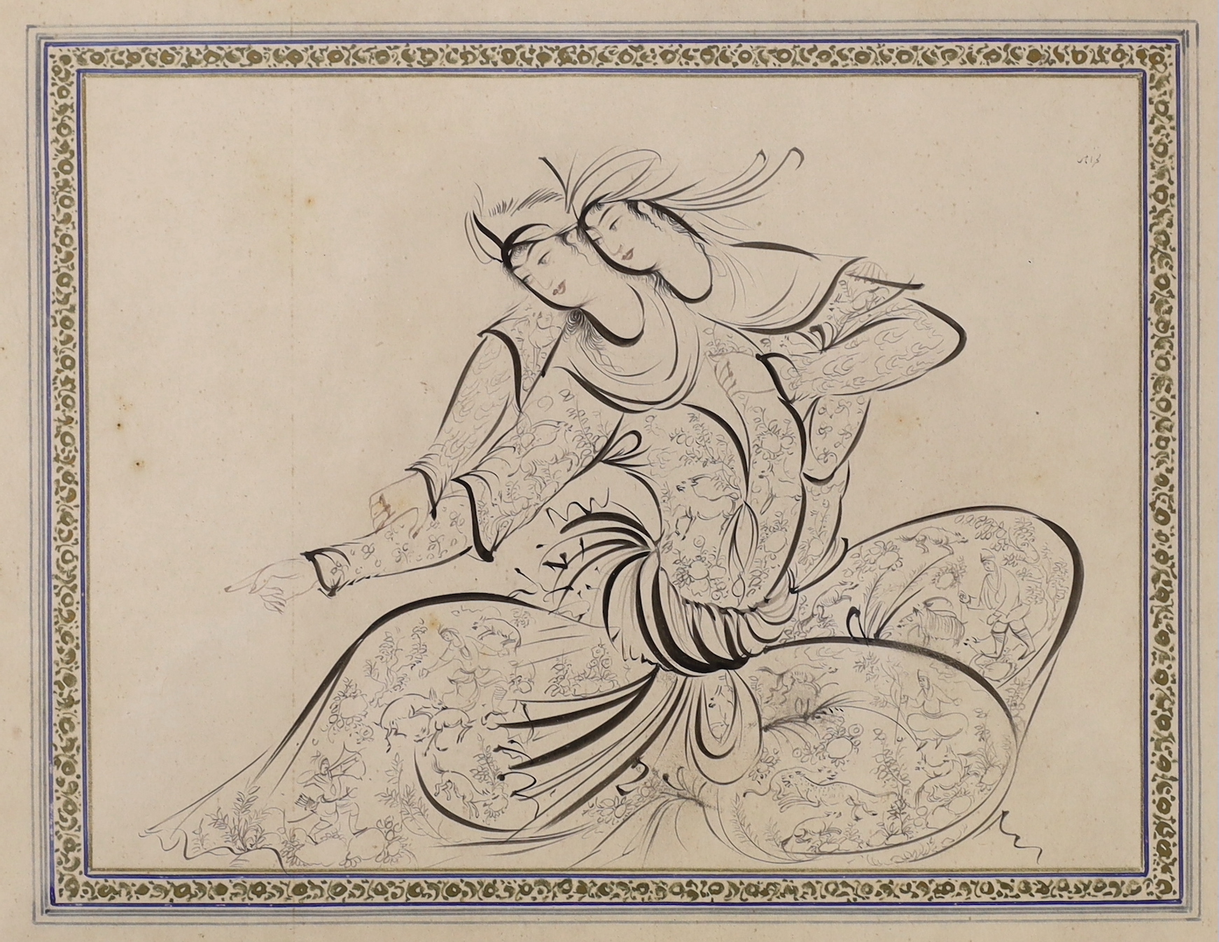 Late 19th / early 20th century Persian School, pen and ink, two figures dancing, label verso, 22 x 17cm